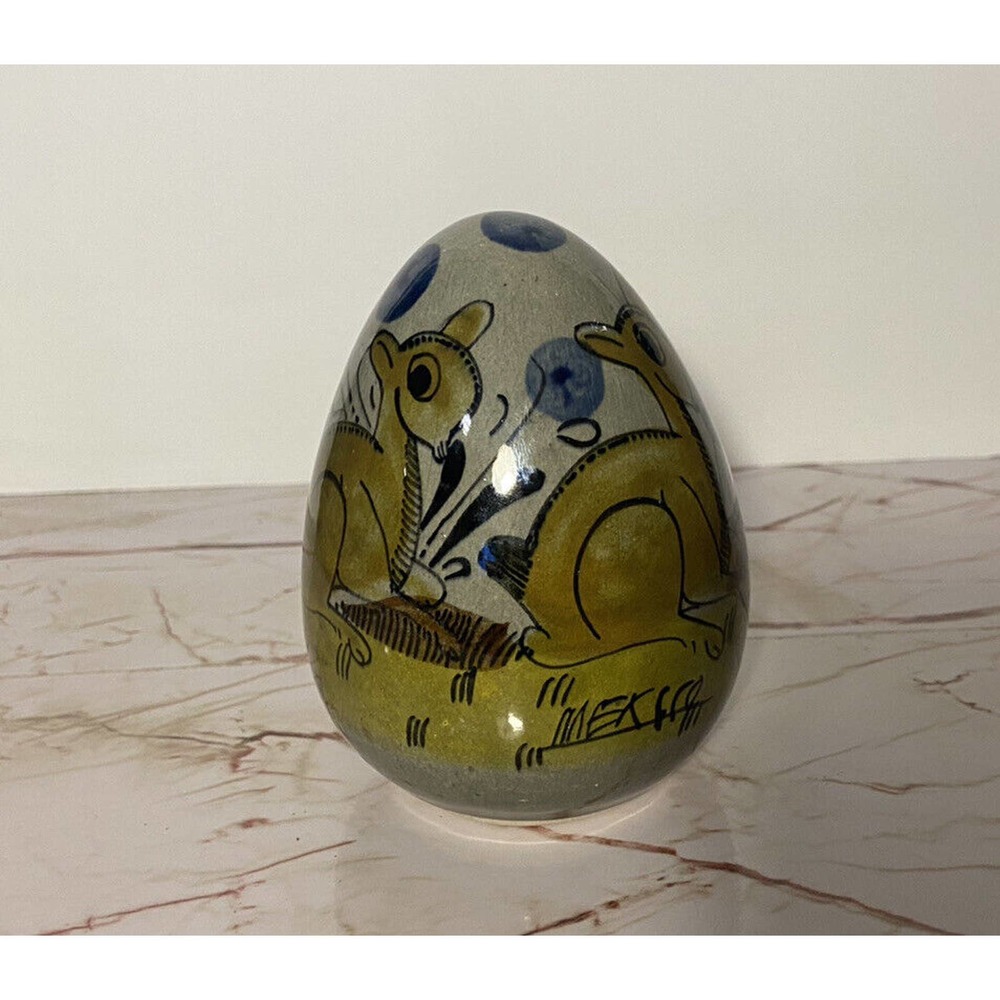 Vintage Talavera Mexico Folk Art Pottery Egg Deer Fawn Art